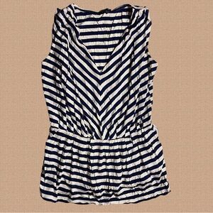 Talbots Petites Blue Striped Stretchy Pleated Sleeveless Tee Top Blouse Women